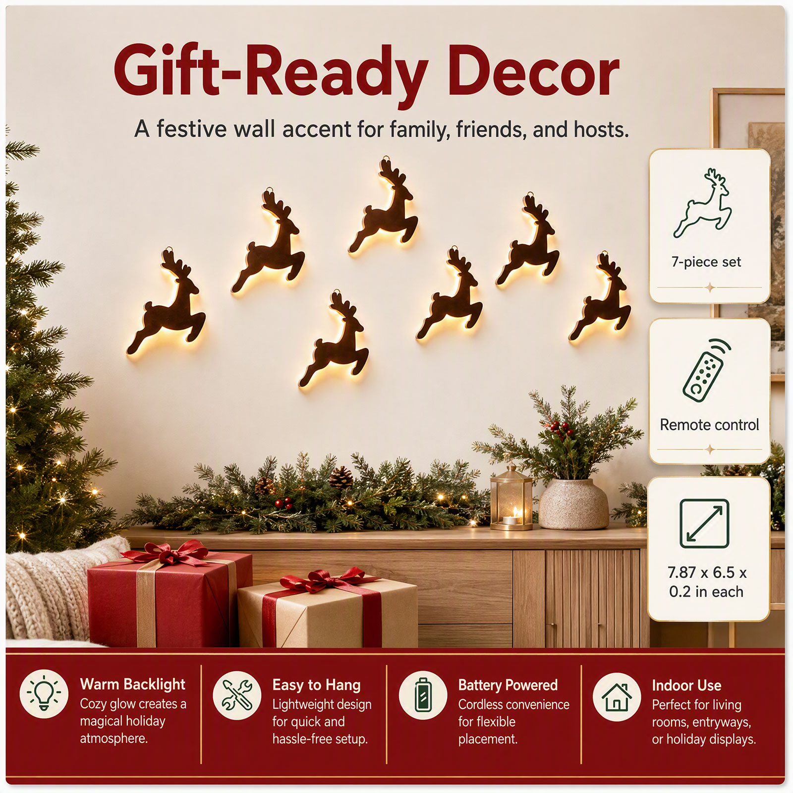 7PCS LED Wooden Reindeer Wall  - Lighting Christmas Decor 评论和价格